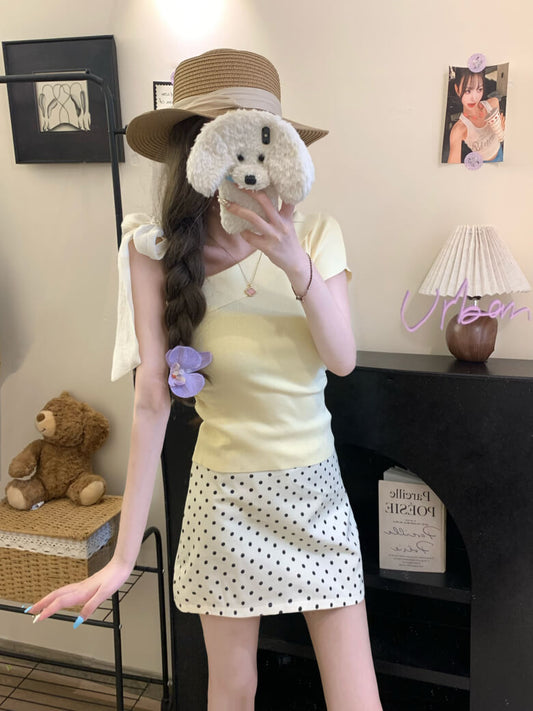 asymmetrical bow off-shoulder tee summer cute girl outfit