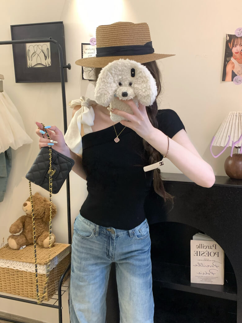 asymmetrical bow off-shoulder tee summer cute girl outfit