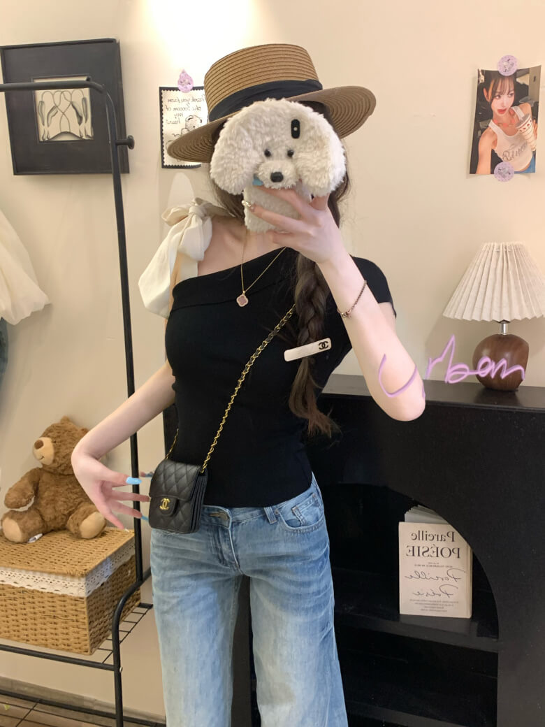 asymmetrical bow off-shoulder tee summer cute girl outfit