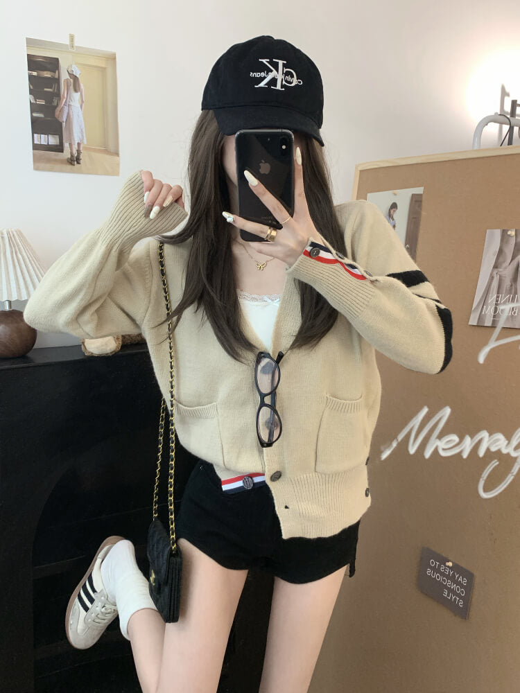OOTDAY vintage knit cardigan, khaki striped sweater, oversized knit jacket, loose fit fall cardigan, sweet streetwear cardigan