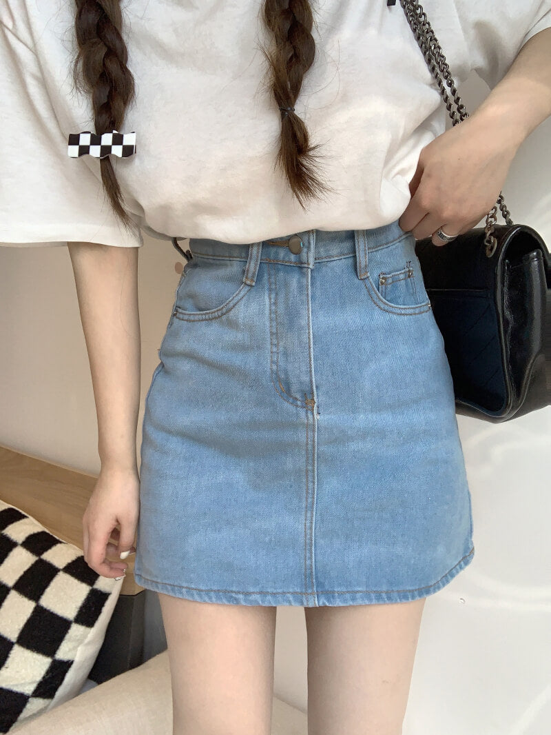 A-line high waist denim mini skirt, slim fit summer jean skirt