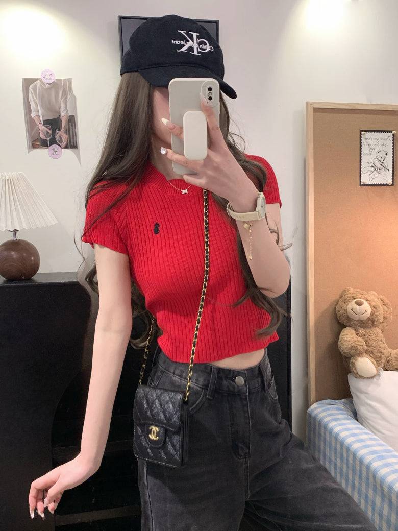 OOTDAY embroidered knit t-shirt, slim fit summer tee for women, sweet soft cotton top, breathable short sleeve knitwear, vintage style summer tee