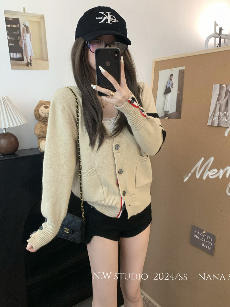 OOTDAY vintage knit cardigan, khaki striped sweater, oversized knit jacket, loose fit fall cardigan, sweet streetwear cardigan