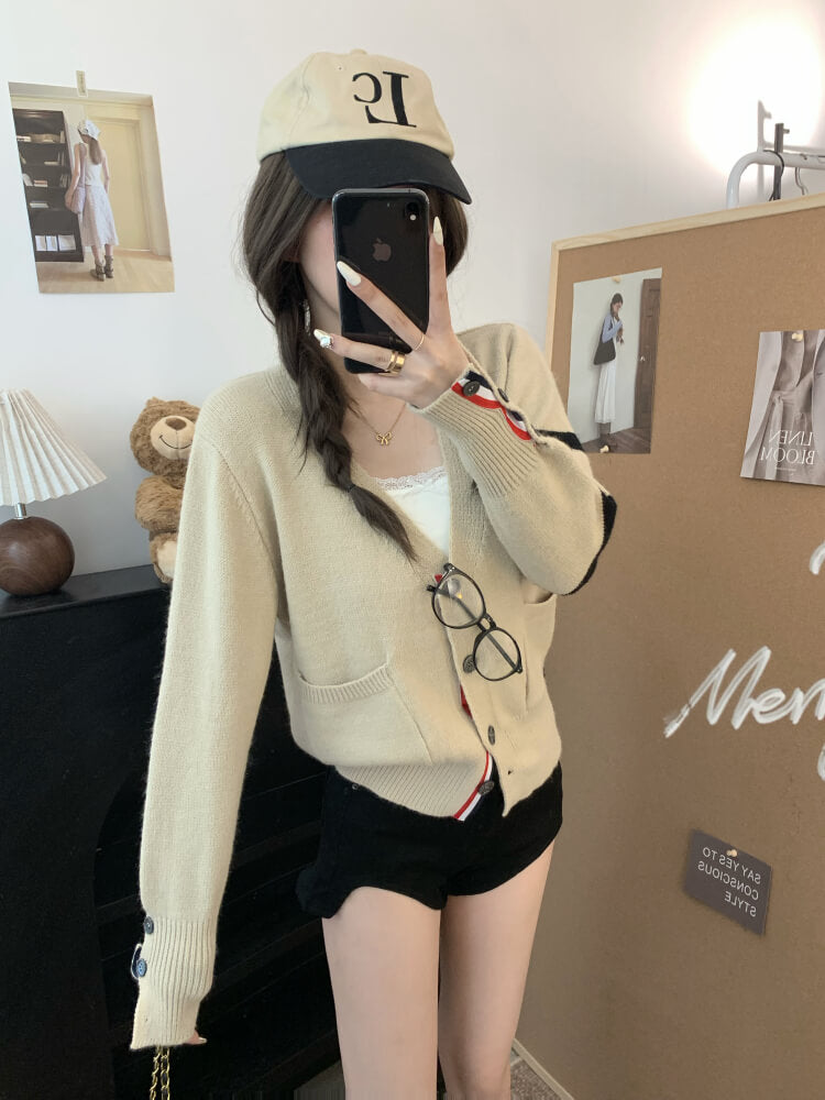 OOTDAY vintage knit cardigan, khaki striped sweater, oversized knit jacket, loose fit fall cardigan, sweet streetwear cardigan