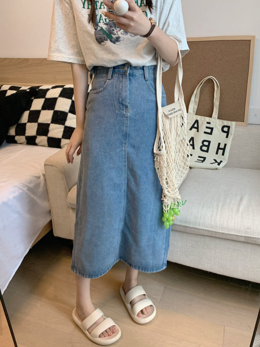 Back slit denim midi skirt, Korean slim fit high waist jean skirt