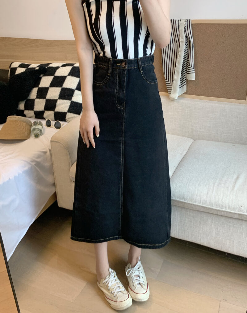 Back slit denim midi skirt, Korean slim fit high waist jean skirt