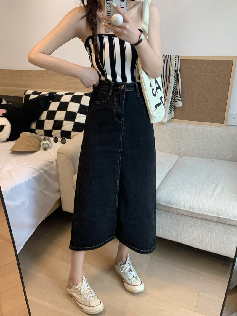 Back slit denim midi skirt, Korean slim fit high waist jean skirt