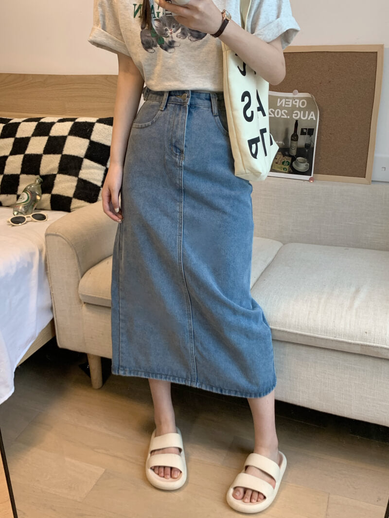 Back slit denim midi skirt, Korean slim fit high waist jean skirt