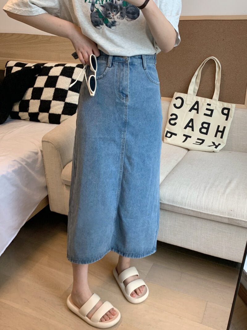 Back slit denim midi skirt, Korean slim fit high waist jean skirt