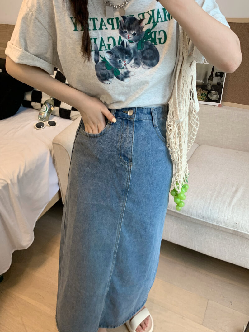 Back slit denim midi skirt, Korean slim fit high waist jean skirt