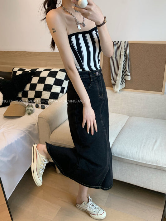 Back slit denim midi skirt, Korean slim fit high waist jean skirt