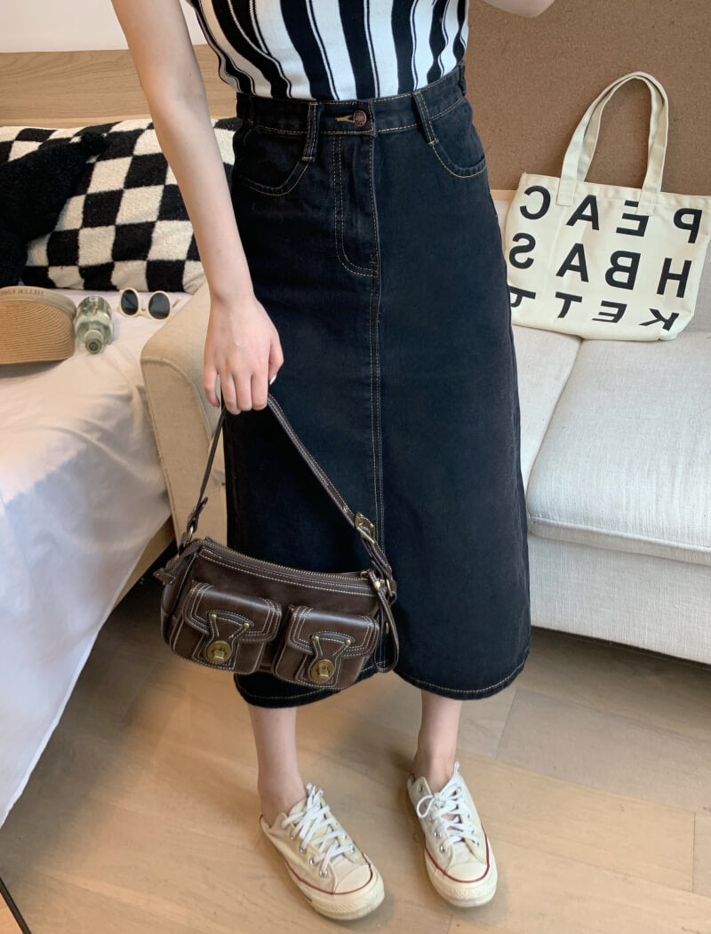 Back slit denim midi skirt, Korean slim fit high waist jean skirt