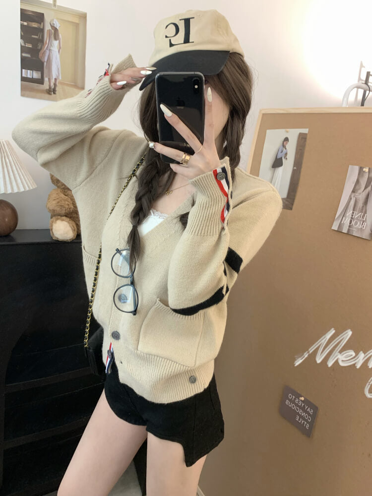 OOTDAY vintage knit cardigan, khaki striped sweater, oversized knit jacket, loose fit fall cardigan, sweet streetwear cardigan