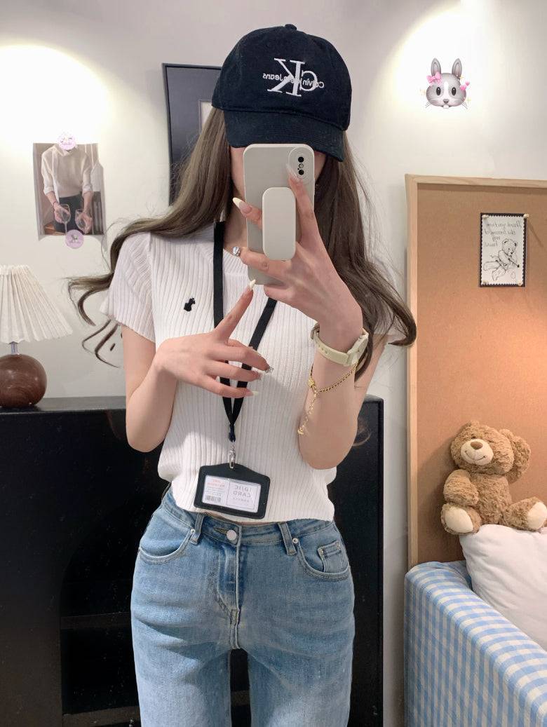 OOTDAY embroidered knit t-shirt, slim fit summer tee for women, sweet soft cotton top, breathable short sleeve knitwear, vintage style summer tee