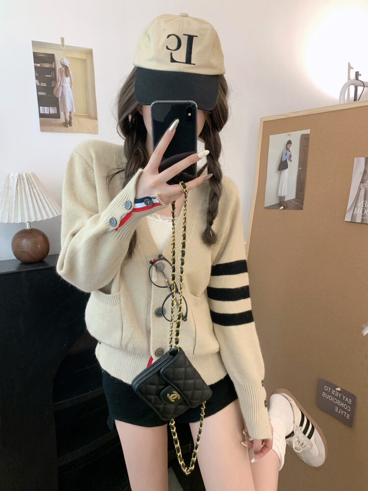 OOTDAY vintage knit cardigan, khaki striped sweater, oversized knit jacket, loose fit fall cardigan, sweet streetwear cardigan