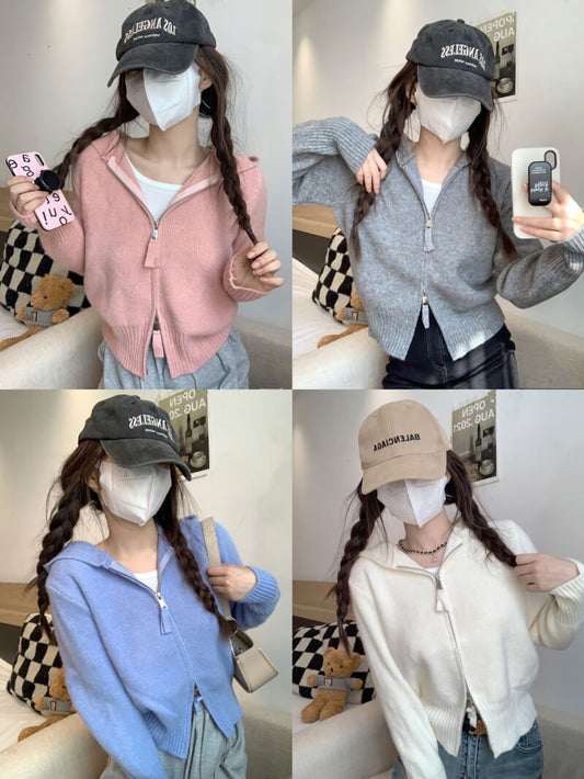 Double zipper knit hoodie cardigan, pastel slim-fit hooded sweater