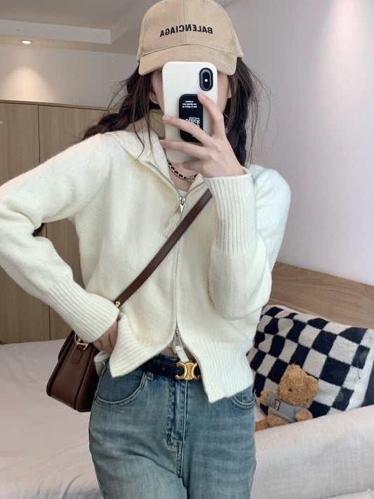 Double zipper knit hoodie cardigan, pastel slim-fit hooded sweater