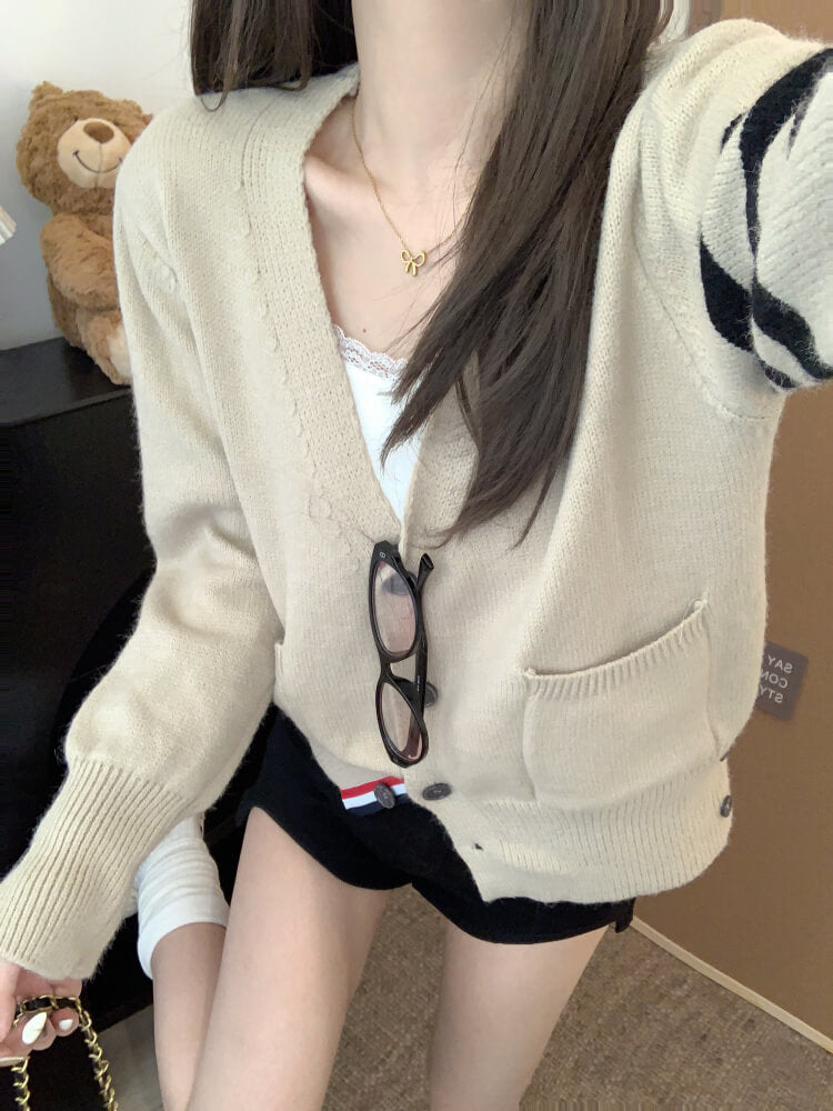OOTDAY vintage knit cardigan, khaki striped sweater, oversized knit jacket, loose fit fall cardigan, sweet streetwear cardigan