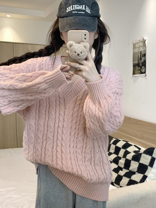 Loose striped V-neck knit sweater in pastel tones, sweet cozy pullover