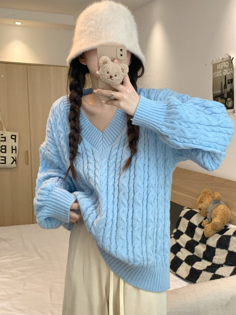 Loose striped V-neck knit sweater in pastel tones, sweet cozy pullover