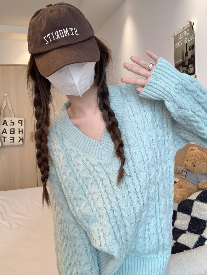 Loose striped V-neck knit sweater in pastel tones, sweet cozy pullover