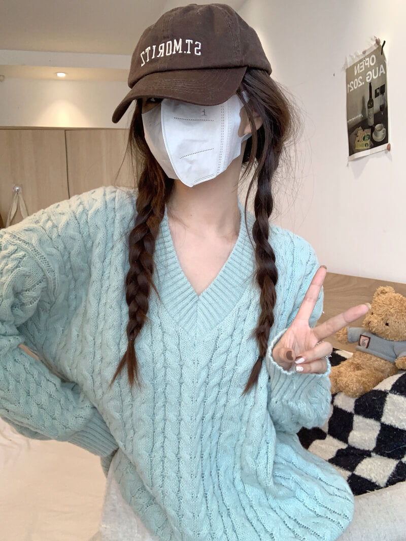 Loose striped V-neck knit sweater in pastel tones, sweet cozy pullover