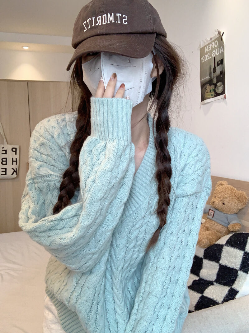 Loose striped V-neck knit sweater in pastel tones, sweet cozy pullover