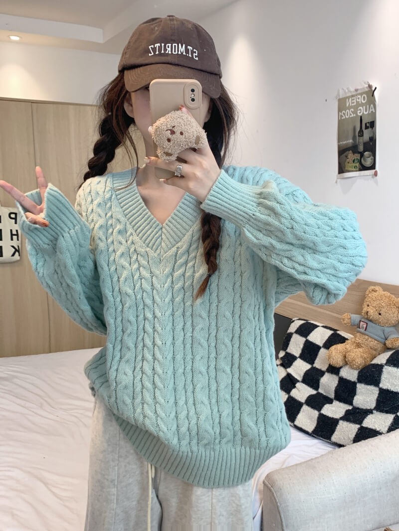 Loose striped V-neck knit sweater in pastel tones, sweet cozy pullover