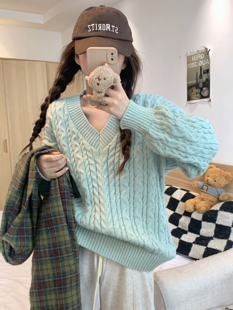 Loose striped V-neck knit sweater in pastel tones, sweet cozy pullover