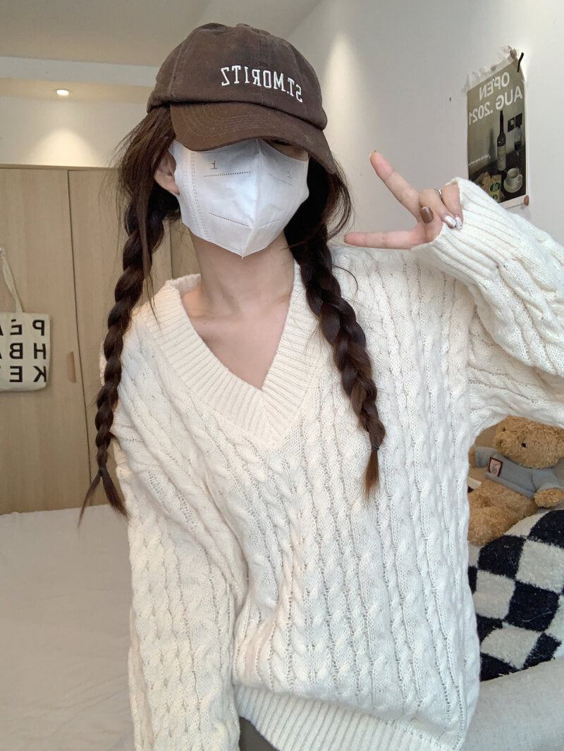 Loose striped V-neck knit sweater in pastel tones, sweet cozy pullover