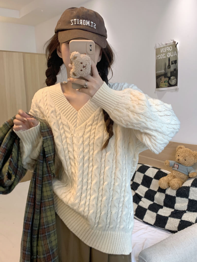 Loose striped V-neck knit sweater in pastel tones, sweet cozy pullover