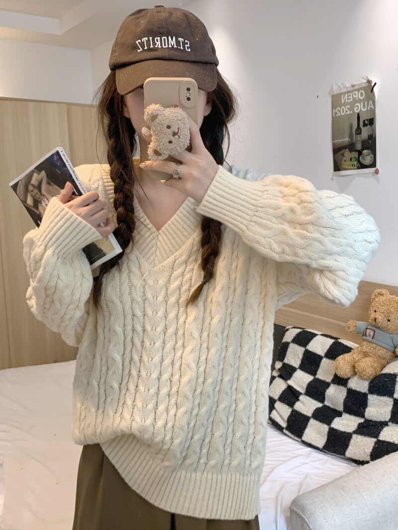 Loose striped V-neck knit sweater in pastel tones, sweet cozy pullover