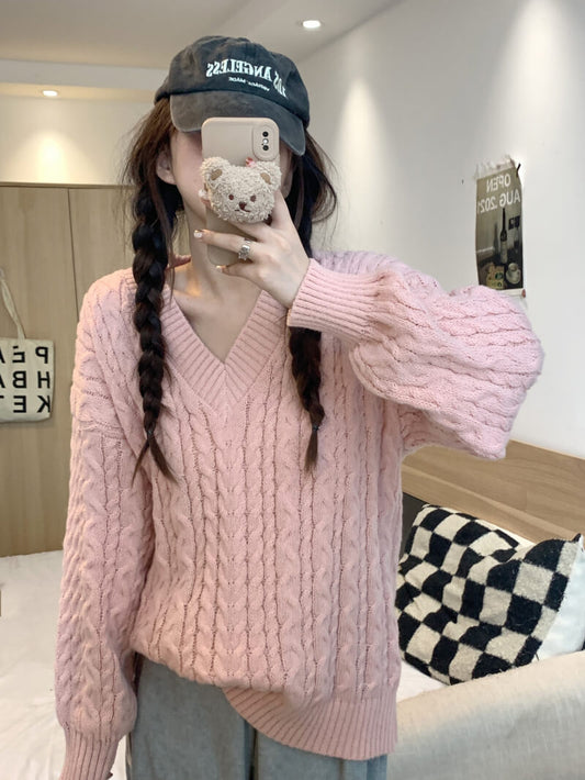Loose striped V-neck knit sweater in pastel tones, sweet cozy pullover