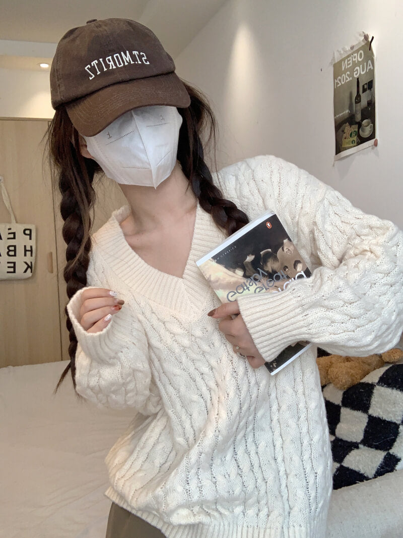Loose striped V-neck knit sweater in pastel tones, sweet cozy pullover