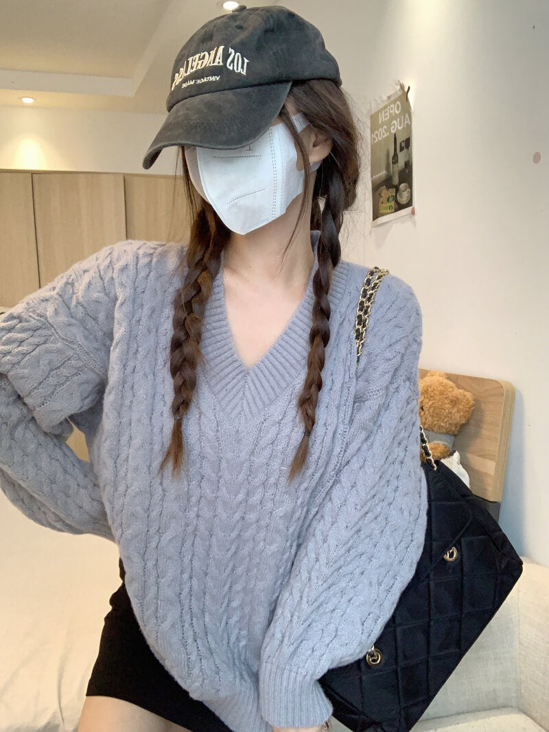 Loose striped V-neck knit sweater in pastel tones, sweet cozy pullover