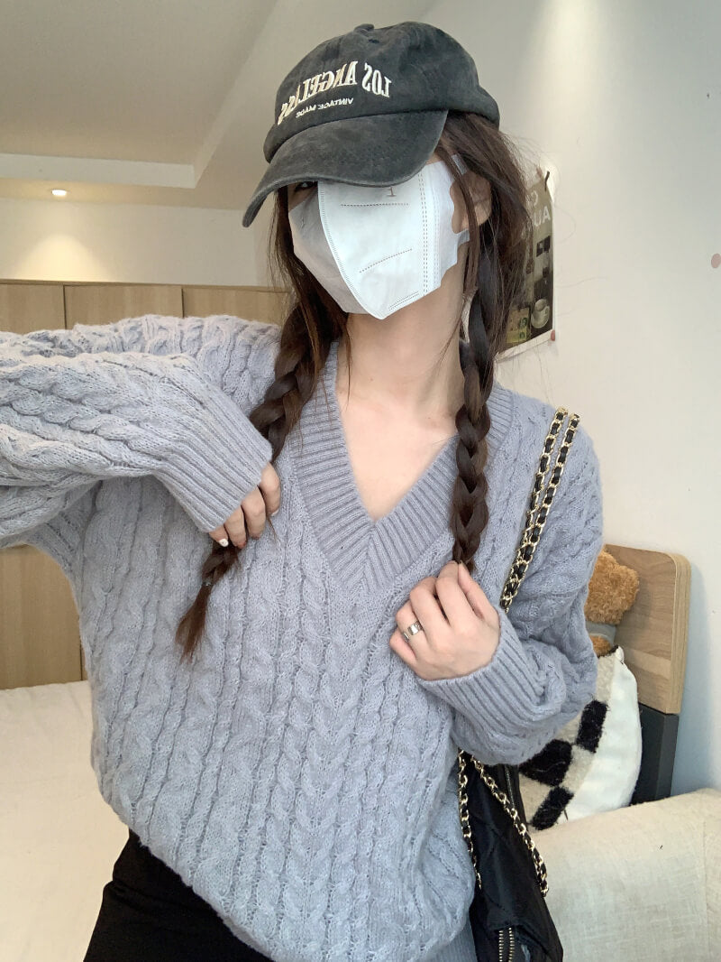 Loose striped V-neck knit sweater in pastel tones, sweet cozy pullover