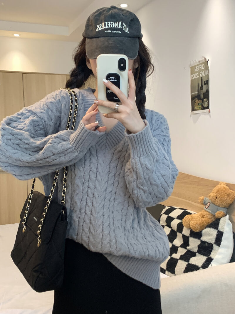 Loose striped V-neck knit sweater in pastel tones, sweet cozy pullover