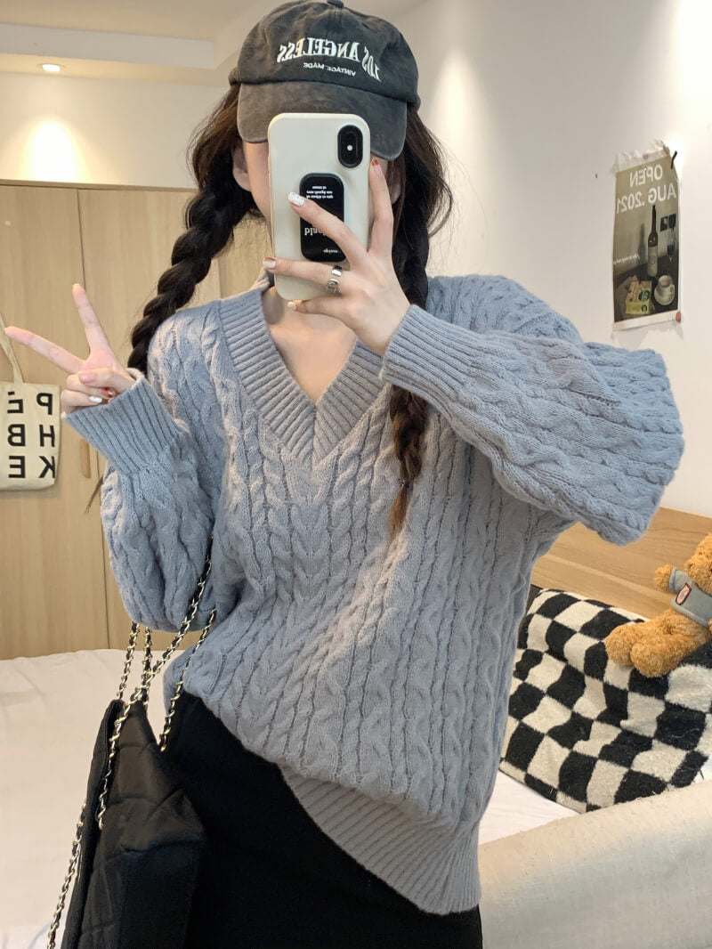 Loose striped V-neck knit sweater in pastel tones, sweet cozy pullover