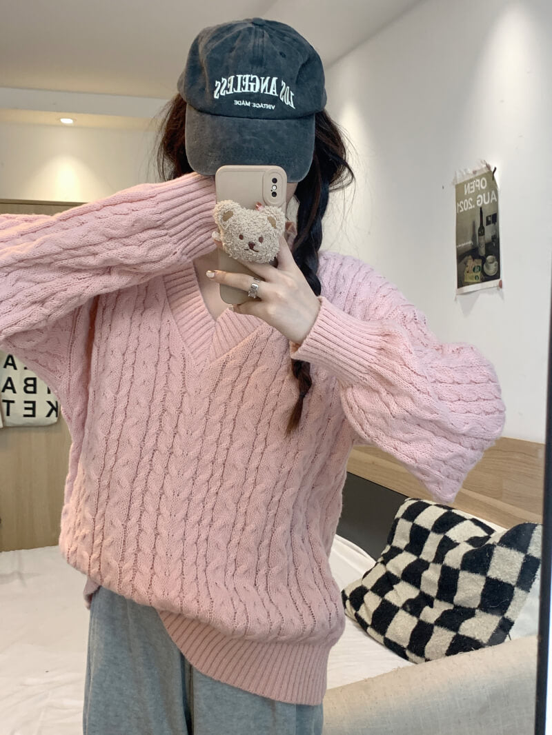 Loose striped V-neck knit sweater in pastel tones, sweet cozy pullover