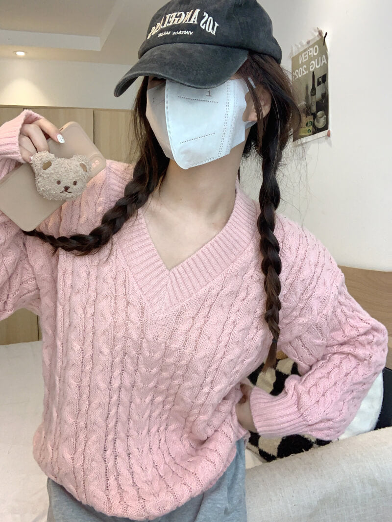 Loose striped V-neck knit sweater in pastel tones, sweet cozy pullover
