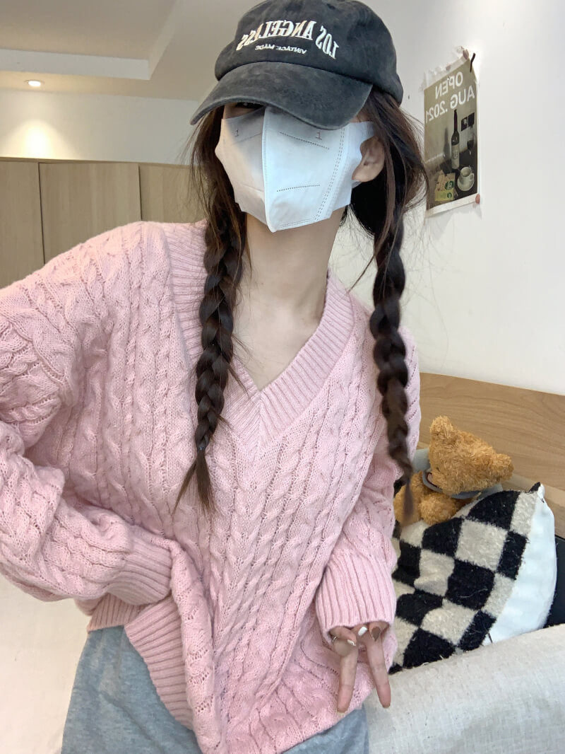 Loose striped V-neck knit sweater in pastel tones, sweet cozy pullover