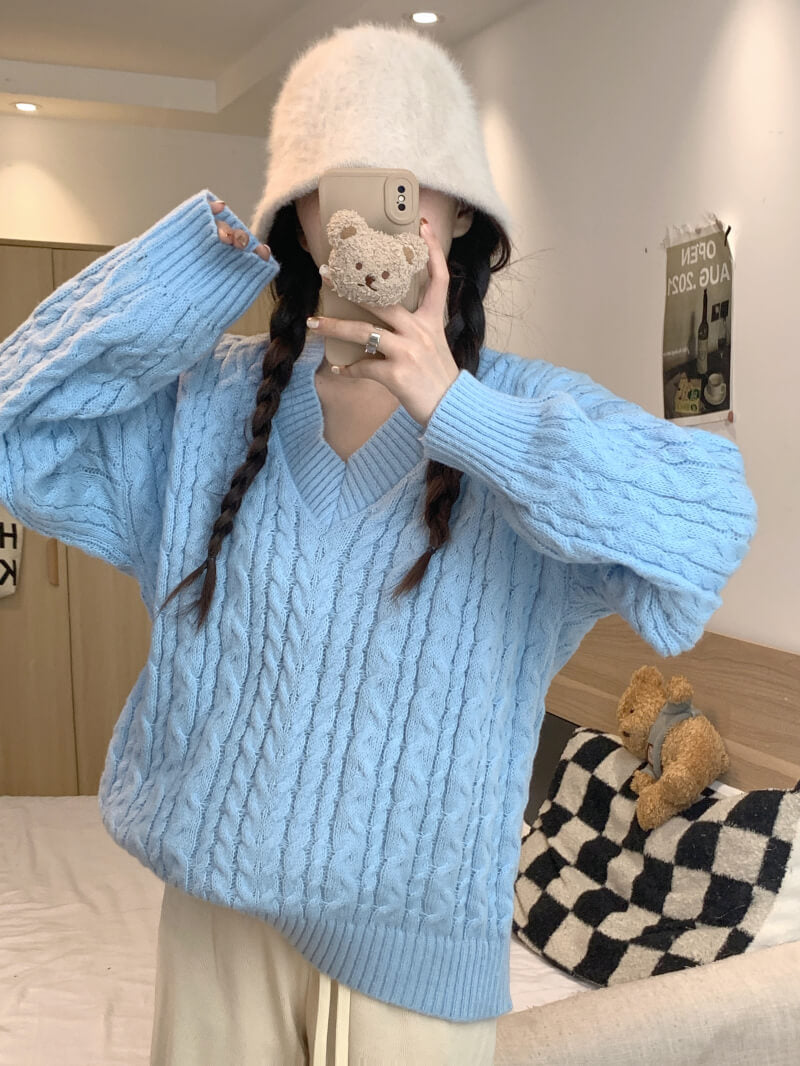 Loose striped V-neck knit sweater in pastel tones, sweet cozy pullover