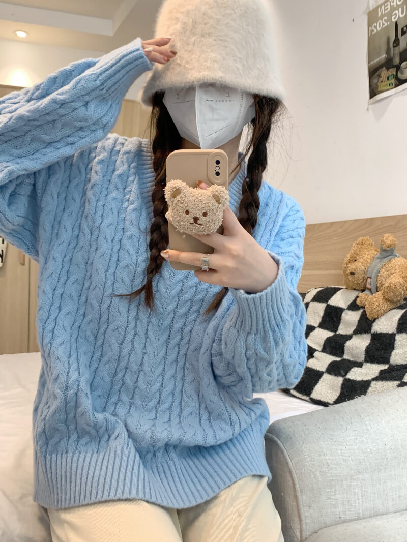Loose striped V-neck knit sweater in pastel tones, sweet cozy pullover