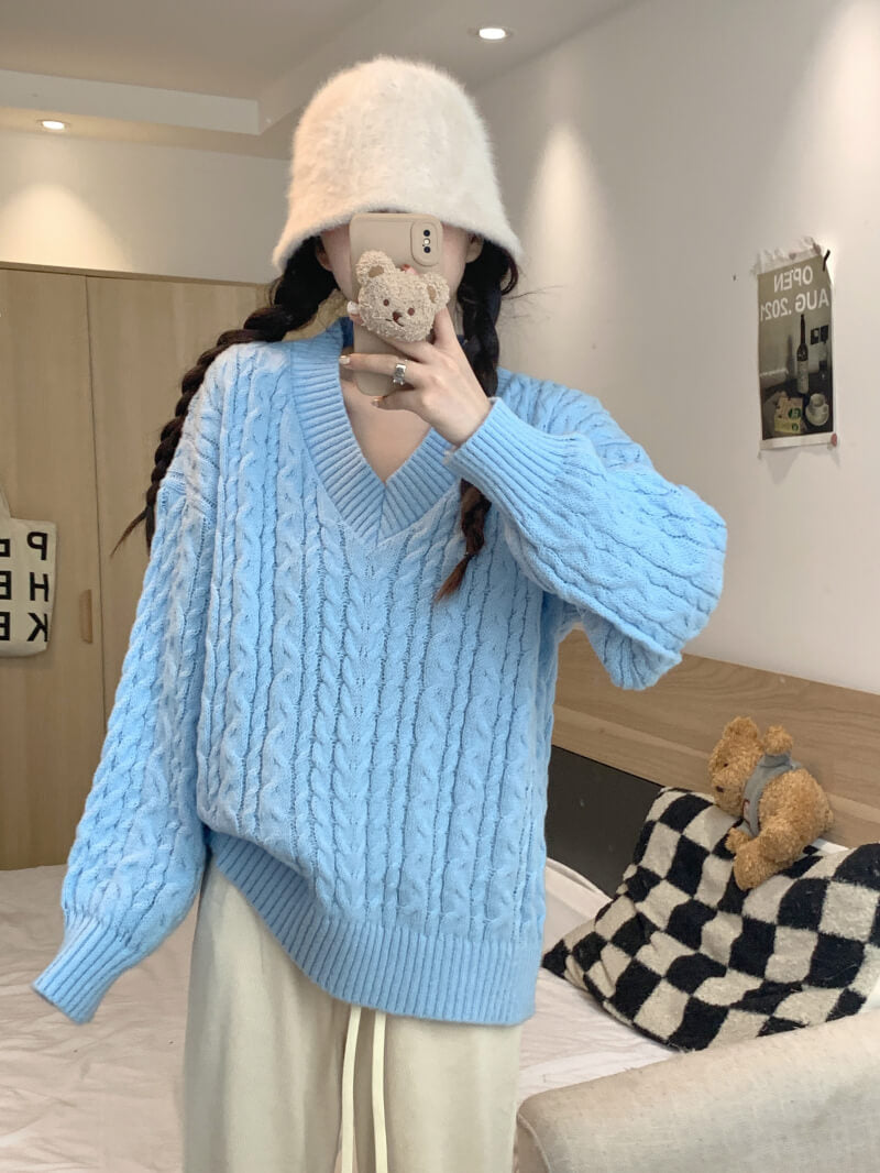 Loose striped V-neck knit sweater in pastel tones, sweet cozy pullover