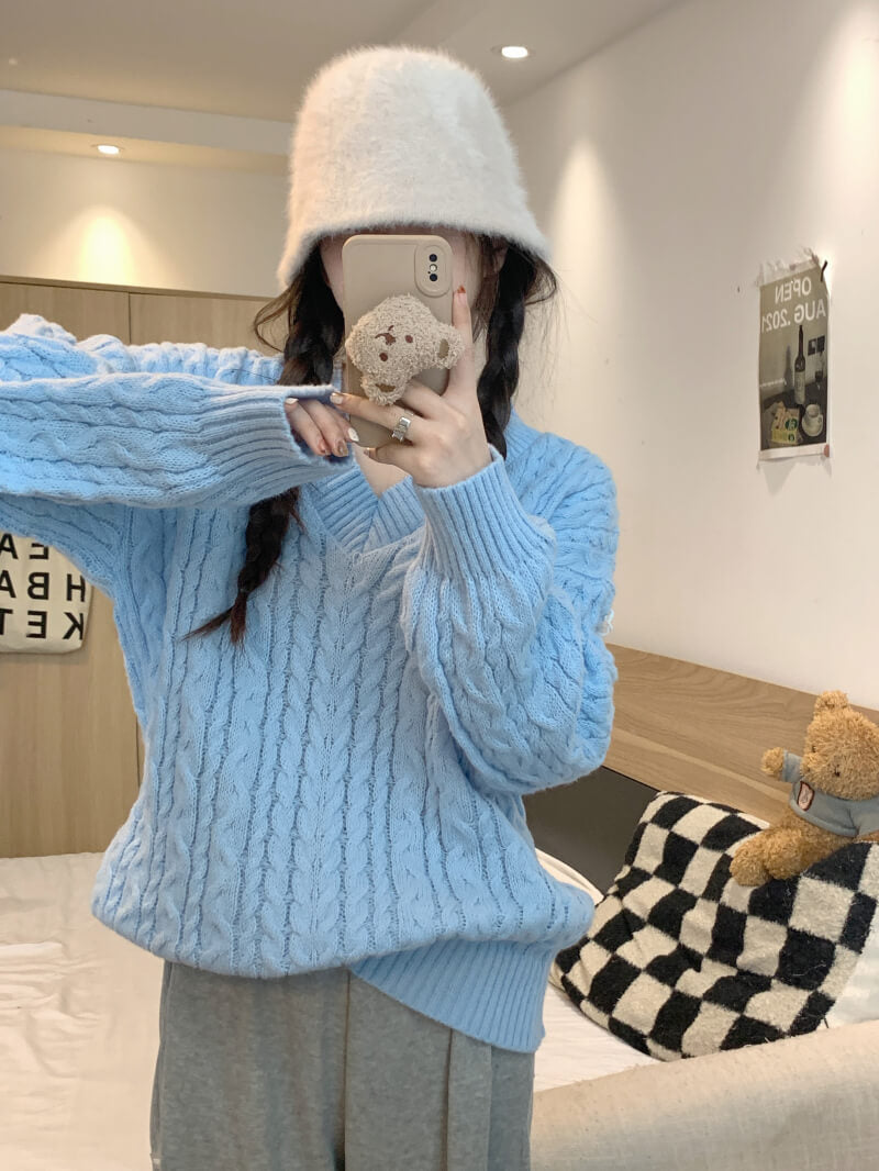 Loose striped V-neck knit sweater in pastel tones, sweet cozy pullover
