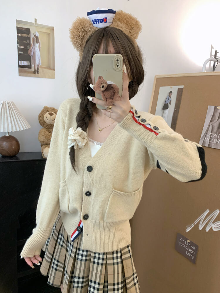 OOTDAY vintage knit cardigan, khaki striped sweater, oversized knit jacket, loose fit fall cardigan, sweet streetwear cardigan