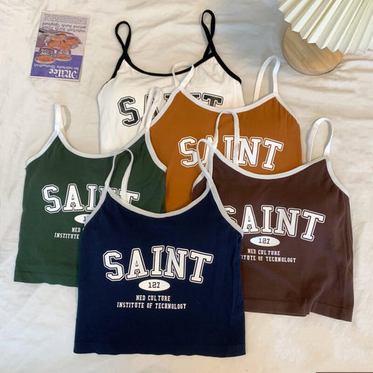Korean letter print sports camisole, anti-exposure padded tank top, summer knit bra vest, cute activewear camisole for girls