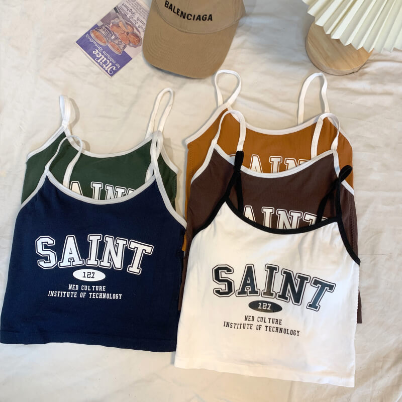 Korean letter print sports camisole, anti-exposure padded tank top, summer knit bra vest, cute activewear camisole for girls