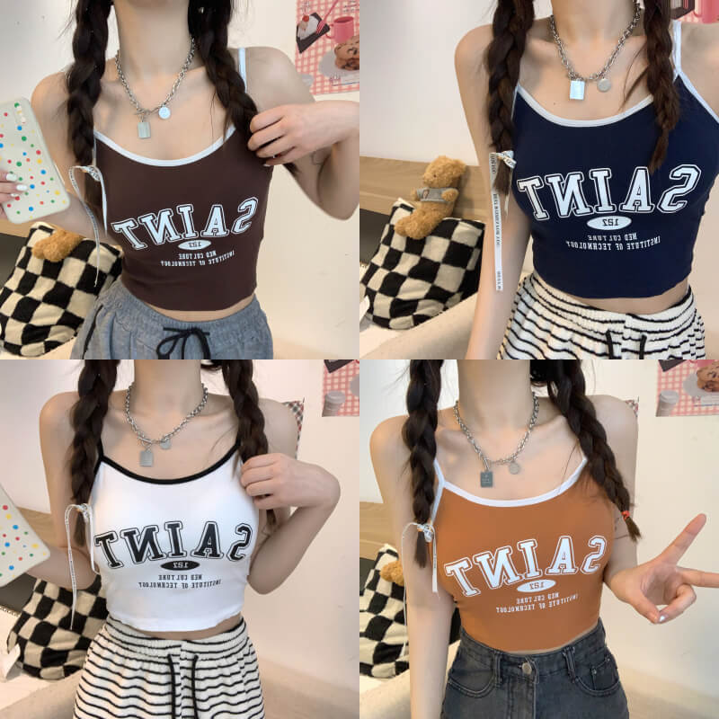 Korean letter print sports camisole, anti-exposure padded tank top, summer knit bra vest, cute activewear camisole for girls