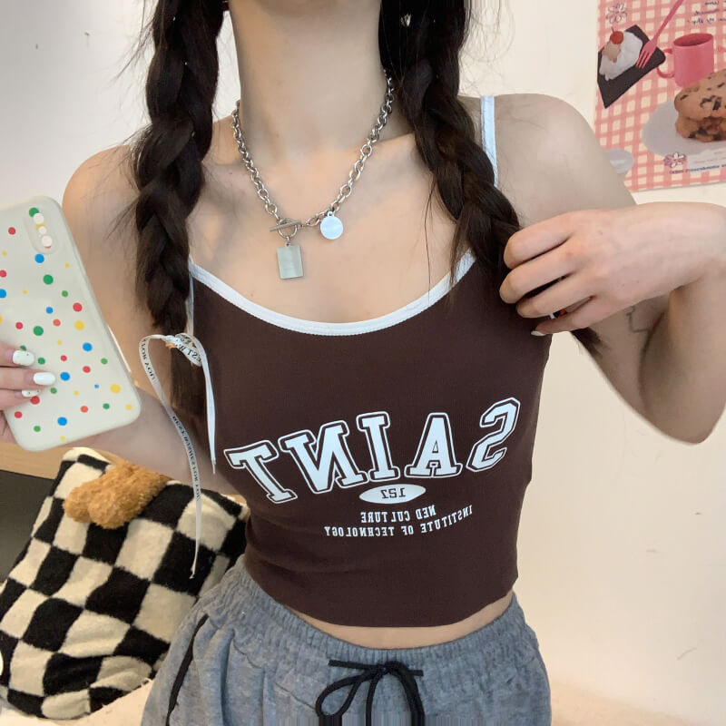 Korean letter print sports camisole, anti-exposure padded tank top, summer knit bra vest, cute activewear camisole for girls